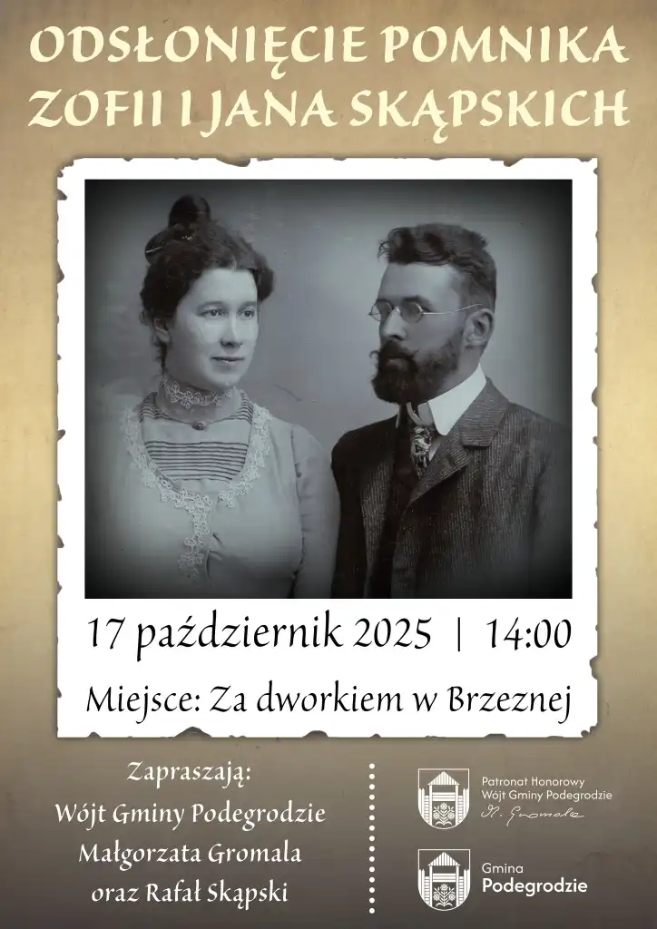Pomnik pamięci Zofii i Jana Skąpskich stanie przy Dworku w Brzeznej