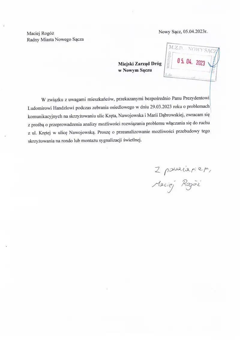 Duże zainteresowanie poprawą bezpieczeństwa na skrzyżowaniu ulic Kręta, Nawojowska i Marii Dąbrowskiej w Zawadzie. Radny Maciej Rogóż przesłał pytania od mieszkańców do MZD