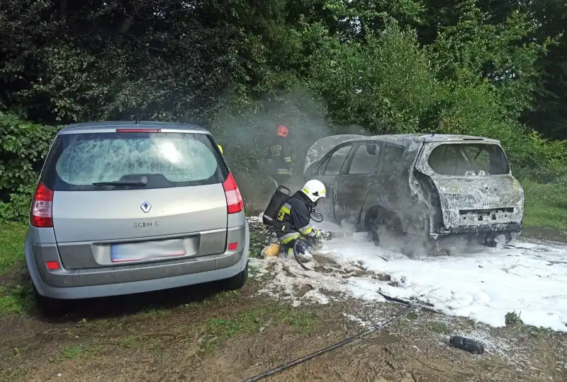 Piwniczna-Zdrój: Na parkingu leśnym płonęła osobówka. Zagrożony rozprzestrzenieniem ognia był sąsiedni pojazd