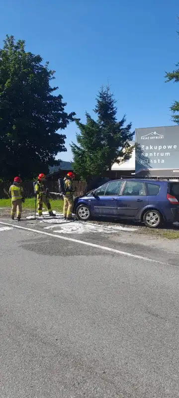 Strażacy usuwali olej hydrauliczny rozlany na drodze w Krynicy Zdroju i gasili samochód w Krzyżówce