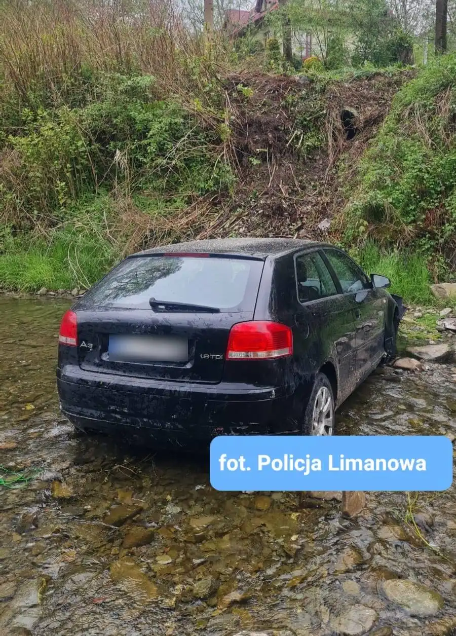 Wypadek w Zamieściu. Audi wpadło do rzeki