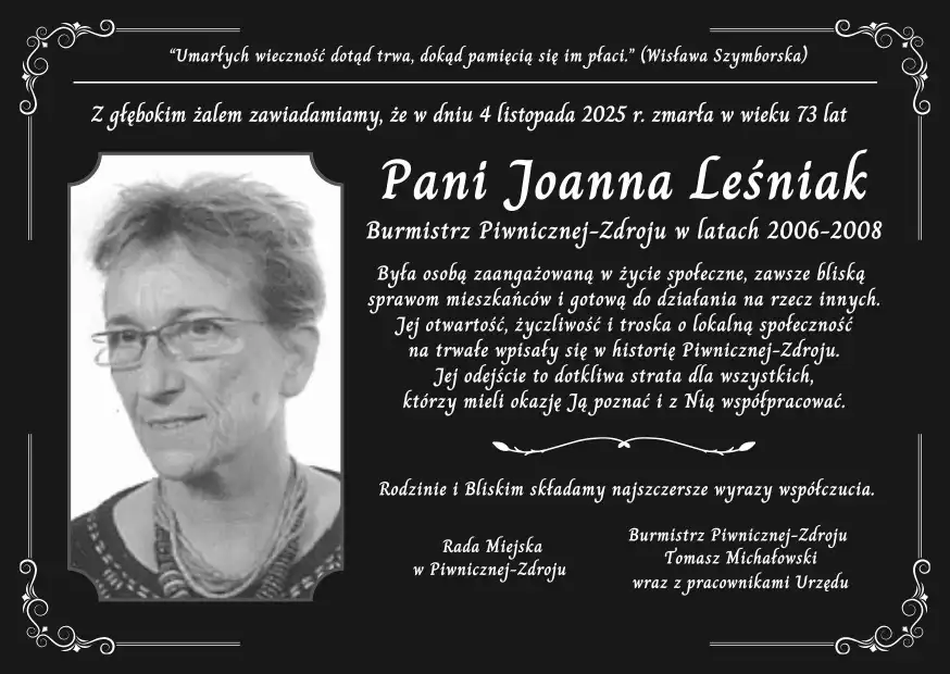 Zmarła Joanna Leśniak - była burmistrz Piwnicznej-Zdroju