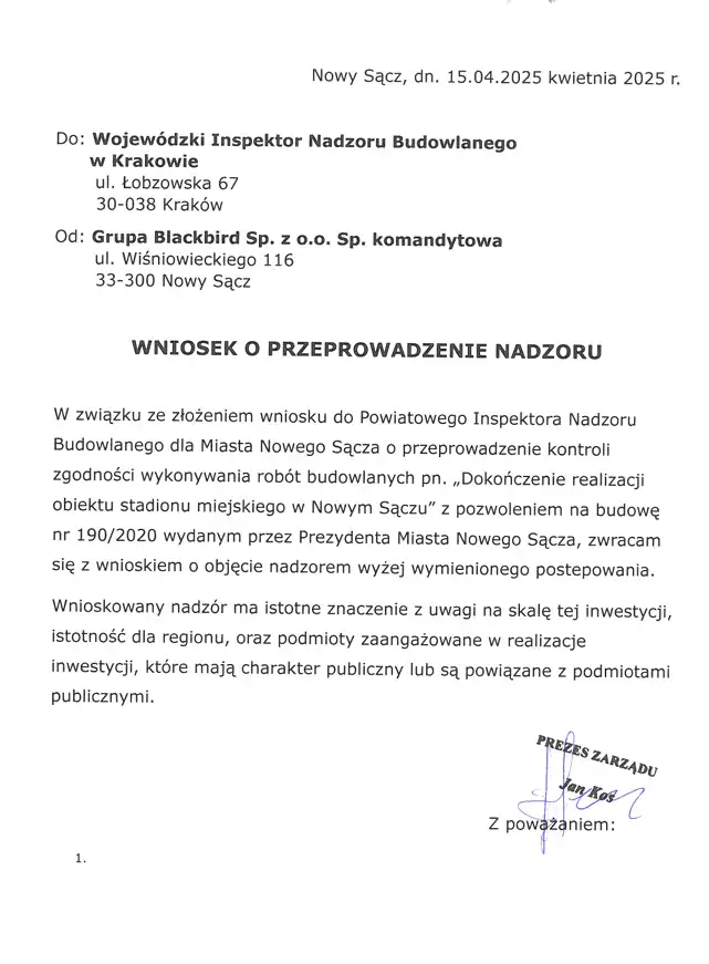 Fiasko mediacji ws. budowy Stadionu Miejskiego w Nowym Sączu: oświadczenie Grupy Blackbird