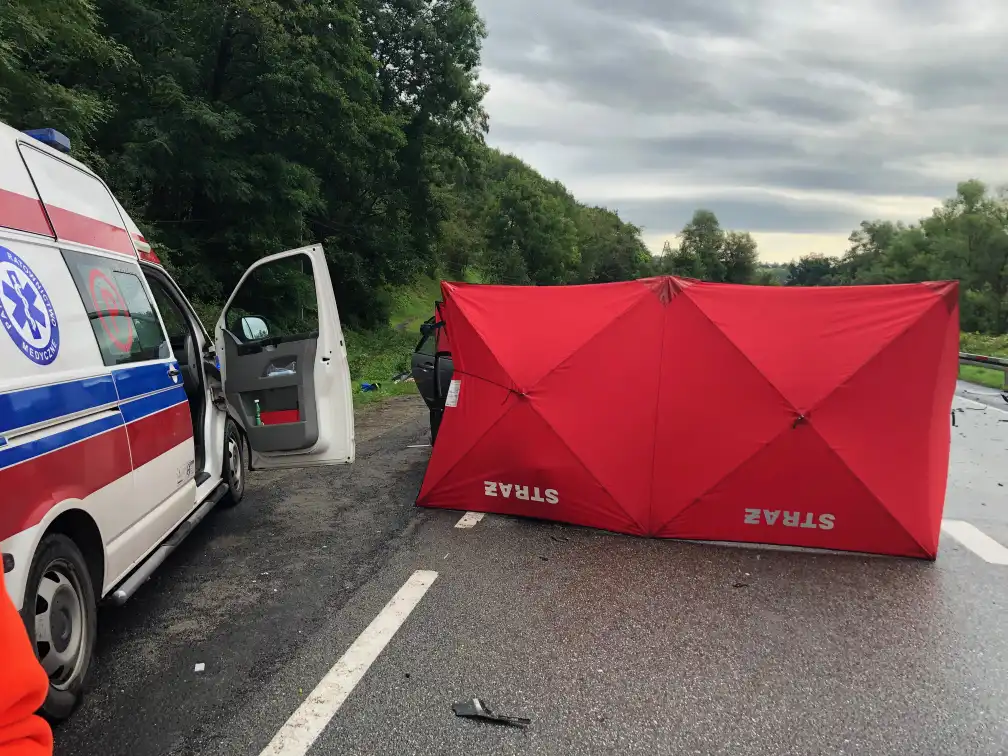 Tragiczny wypadek w Witowicach Górnych w relacji strażaków. W czołowym zderzeniu autobusu i osobówki zginęły dwie osoby