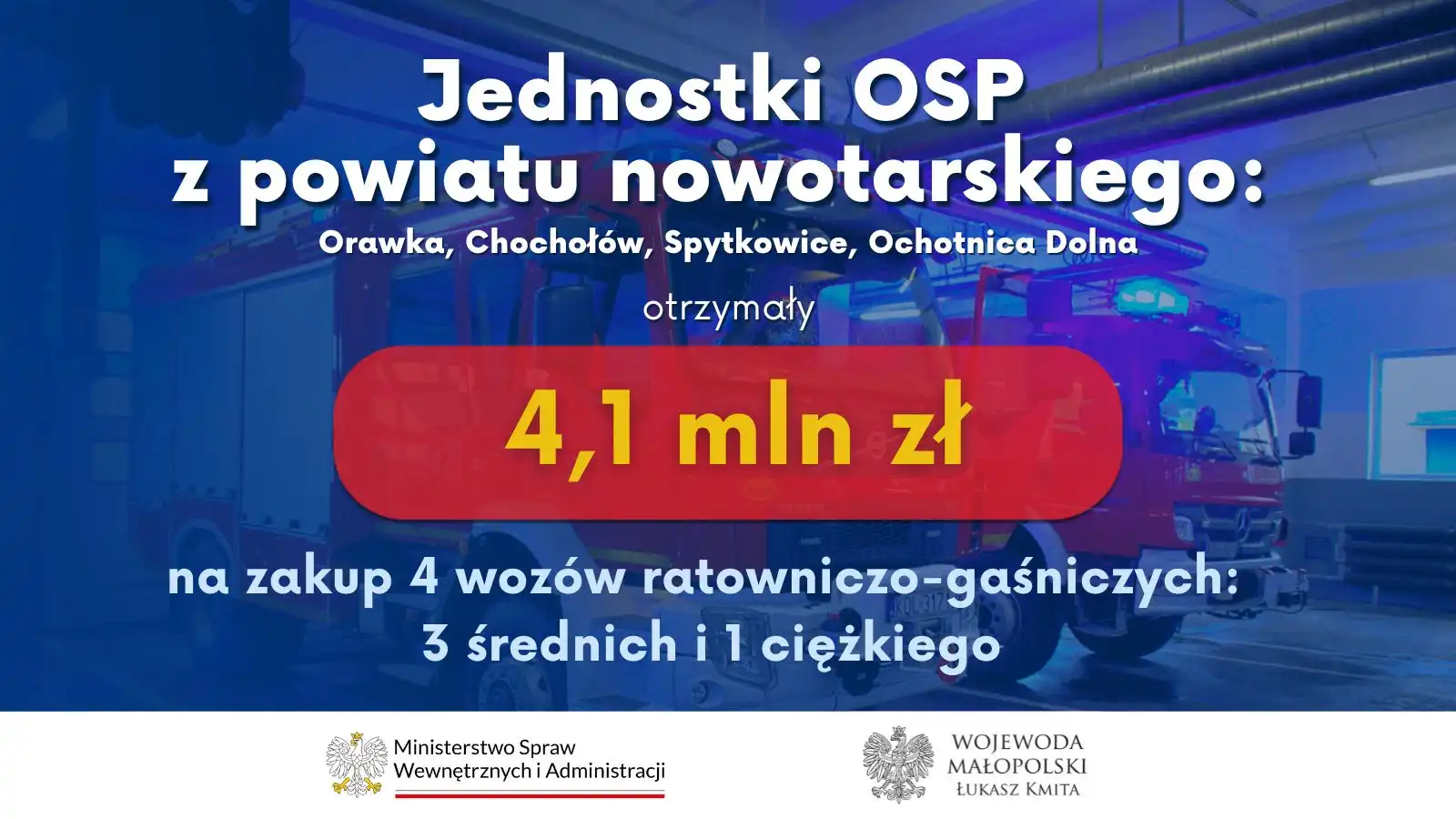 Jednostki OSP z powiatów nowotarskiego, limanowskiego i tatrzańskiego z dofinansowaniem na zakup pojazdów ratowniczo-gaśniczych