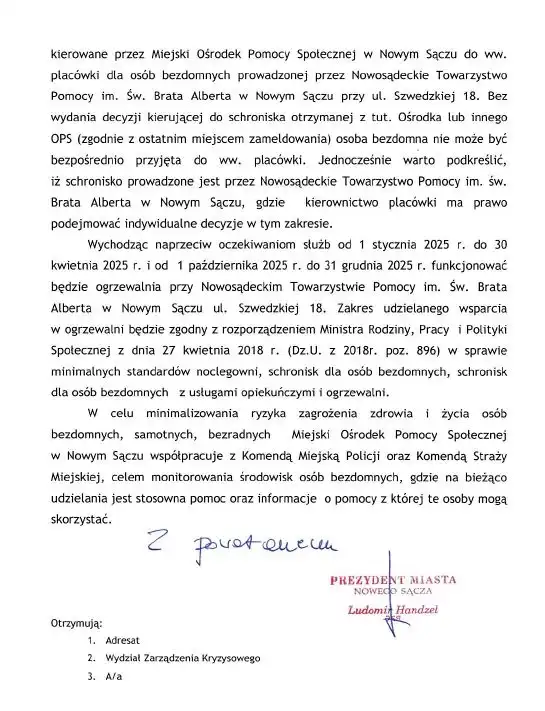 Schronienie i ogrzewalnia w Nowym Sączu . Pomoc dla osób bezdomnych