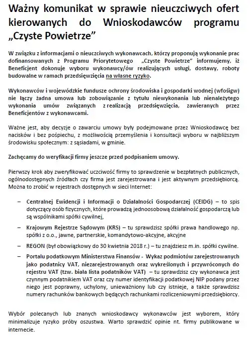 Uwaga na nieuczciwe oferty dotyczące programu Czyste Powietrze