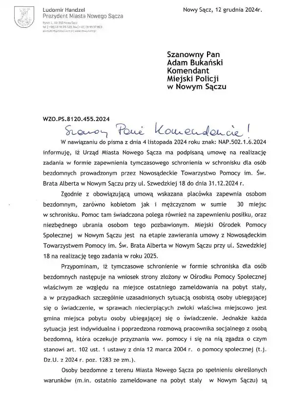 Schronienie i ogrzewalnia w Nowym Sączu . Pomoc dla osób bezdomnych