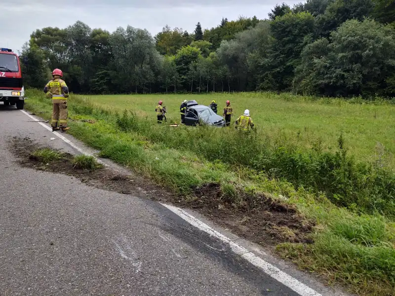 Wypadek w Trzycierzu. Osobówka wypadła z drogi i dachowała. Jedna osoba trafiła do szpitala