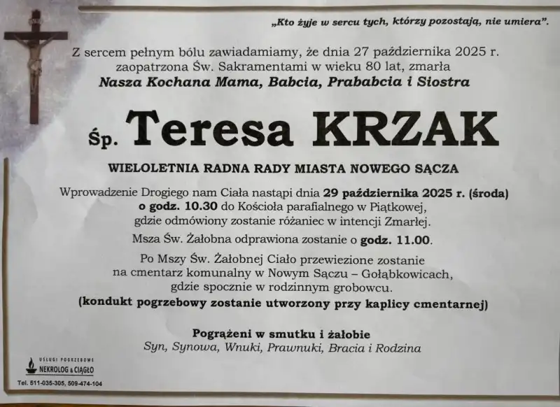 Zmarła Teresa Krzak. Wieloletnia radna i wiceprzewodnicząca Rady Miasta Nowego Sącza