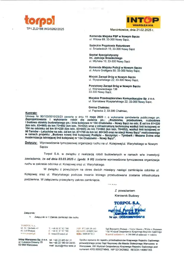 Uwaga! Zamknięcie skrzyżowania ul. Waryńskiego i ul. Kolejowej w Nowym Sączu. Zmiany w organizacji ruchu