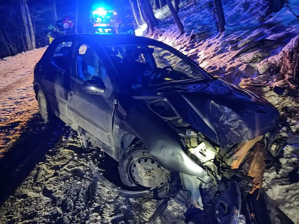 Wypadek w Jelnej. Pojazd osobowy wypadł z drogi. 2 osoby poszkodowane